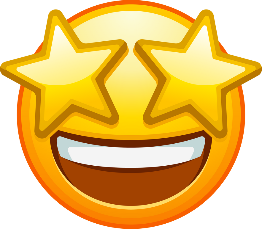 Top quality emoticon. Starry eyed emoji. Excited emoticon face with yellow star shaped eyes and happy wide opened mouth. Yellow face emoji. Popular element.